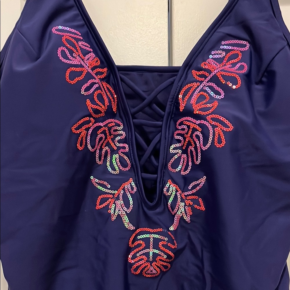 Navy Swimsuit with Sequin Leaf Design